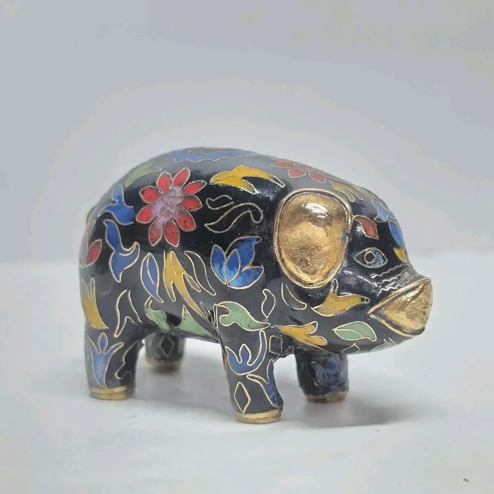 Vintage Cloisonne Pig Brass Enamel Figurine Floral Multicolor Traditional